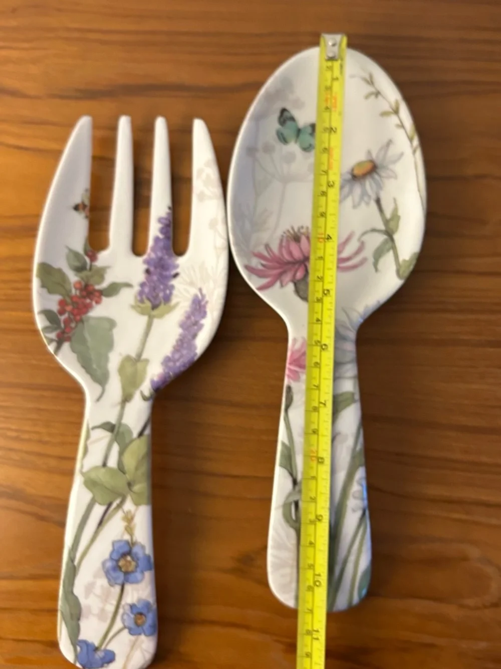 Melamine White Floral Serving Spoon and Fork Set with Multicolor Botanical Print